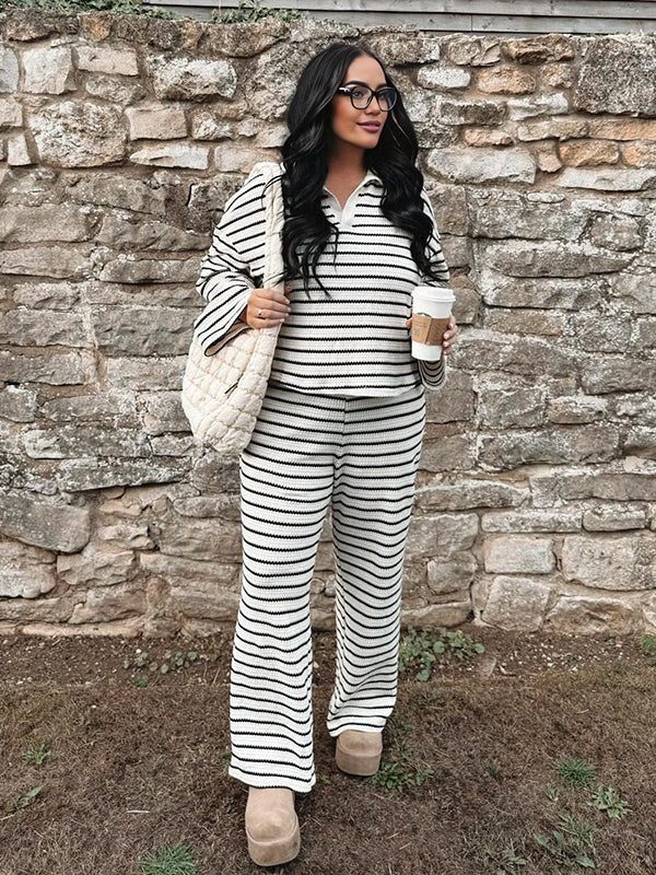 Momyknows Striped Turndown Collar Two Piece Knitwear Casual Maternity Outfit