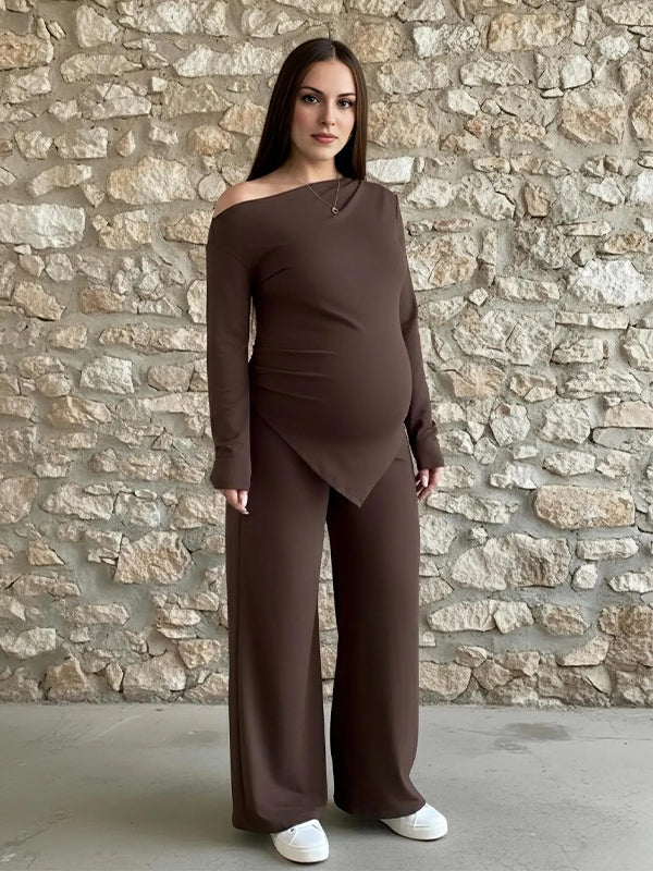Momyknows Coffee One Shoulder Irregular Pockets Maternity Outfit
