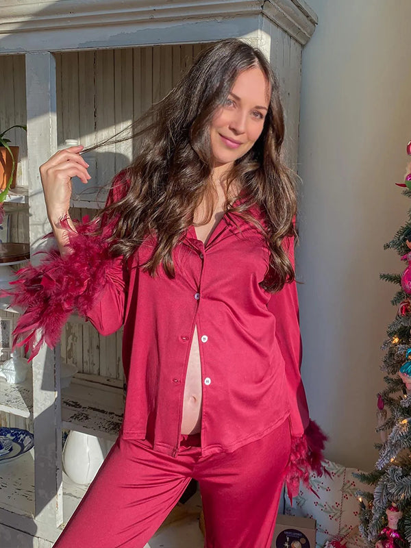 Momyknows Red Fluffy Button Sleepwear Two Piece Maternity Baby Shower Christmas Suit