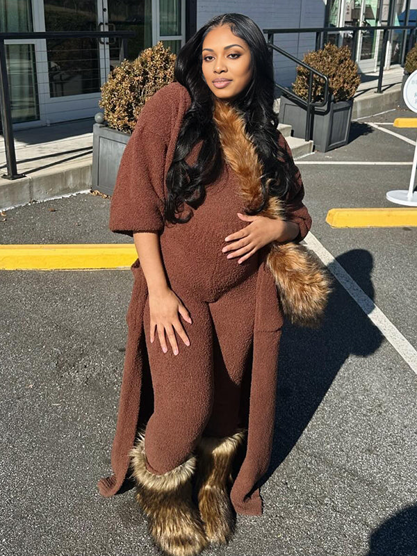 Momyknows Dark Brown Fluffy Pocket Three Piece Maternity Photoshoot Loungewear