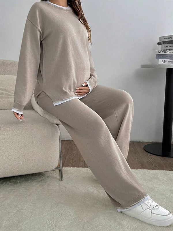 Momyknows Khaki Crochet Hit Color Two Piece Jogger Set Maternity Sweater Photoshoot Outfit