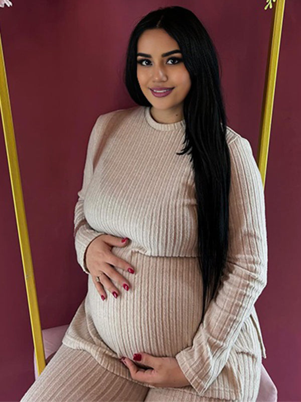 Momyknows Apricot 2 Piece Streetwear Maternity Pullover Sweater