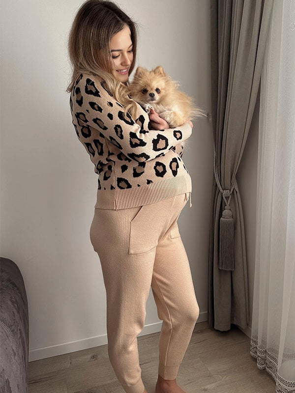 Momyknows Khaki Leopard Two piece Streetwear Maternity Pullover Sweater