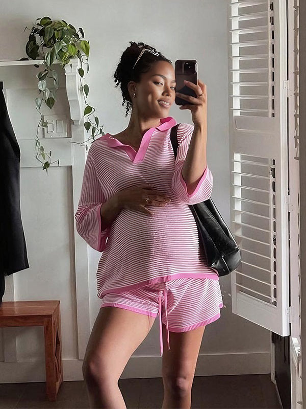 Momyknows Pink 2 Pieces Knit Striped Daily Maternity Outfit