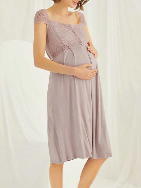 Momyknows Lace Ruffle Buttons Cap Sleeve Breastfeeding Maternity Nursing Midi Dress
