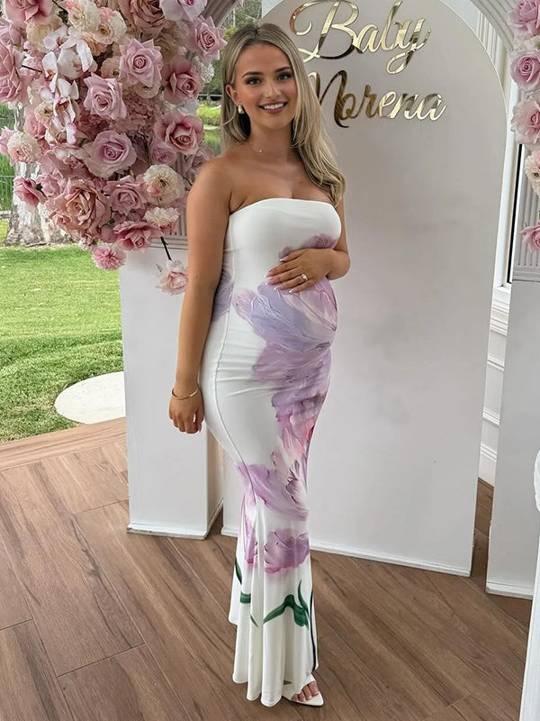 Momyknows Violet Floral Bandeau Strapless Bodycon Maternity Maxi Dress