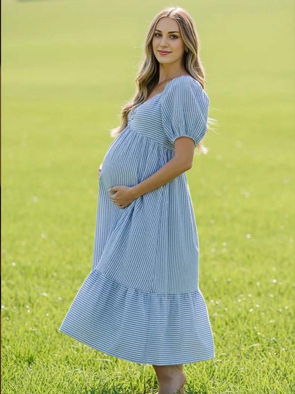 Momyknows Striped Ruched Puff Sleeve A-line Boho Maternity Maxi Dress, Blue / L