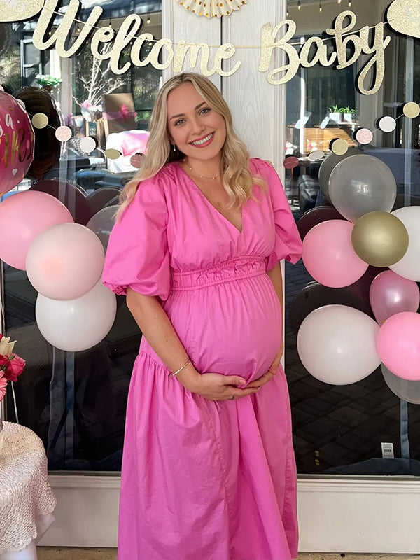 Momyknows Solid Color Ruched Puff Sleeve A-line Boho Maternity Maxi Dress