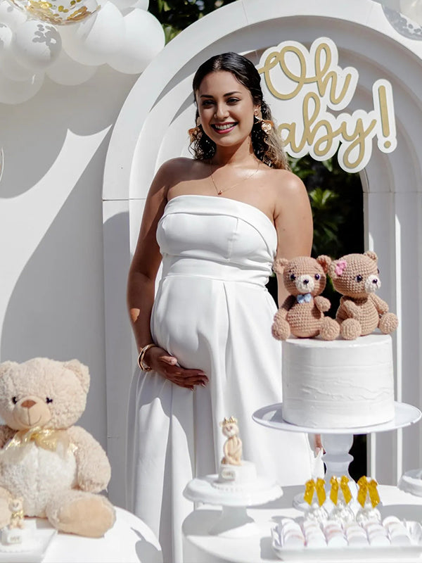 Momyknows White Ruched Bandeau Strapless A-line Elegant Maternity Maxi Dress