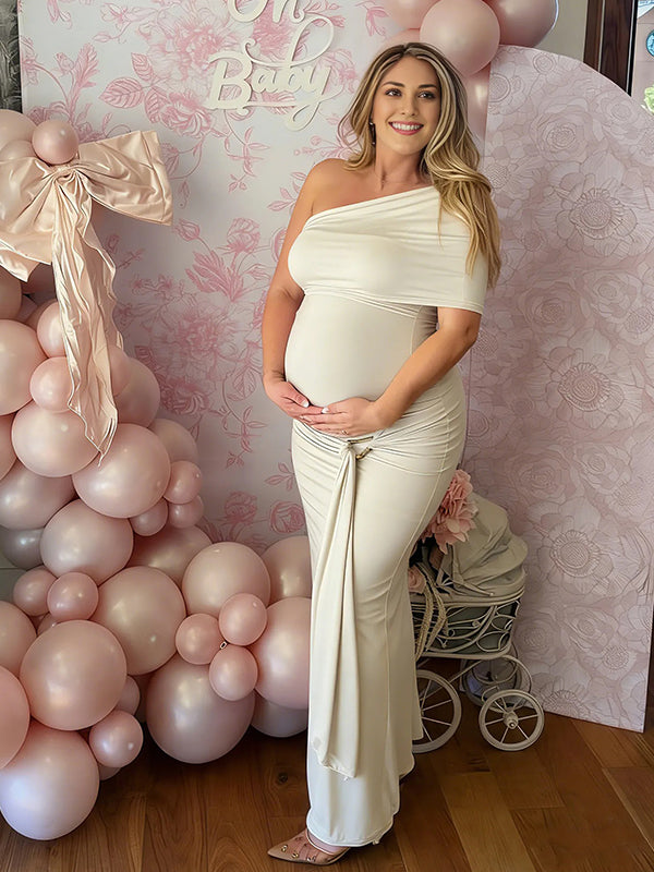 Momyknows Cream One Shoulder Ruched Metal Hardwear Draped Maternity Maxi Dress