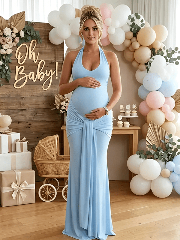 Momyknows Ruched Bowknot Draped Halter Neck Backless Bodycon Maternity Maxi Dress, Blue / S