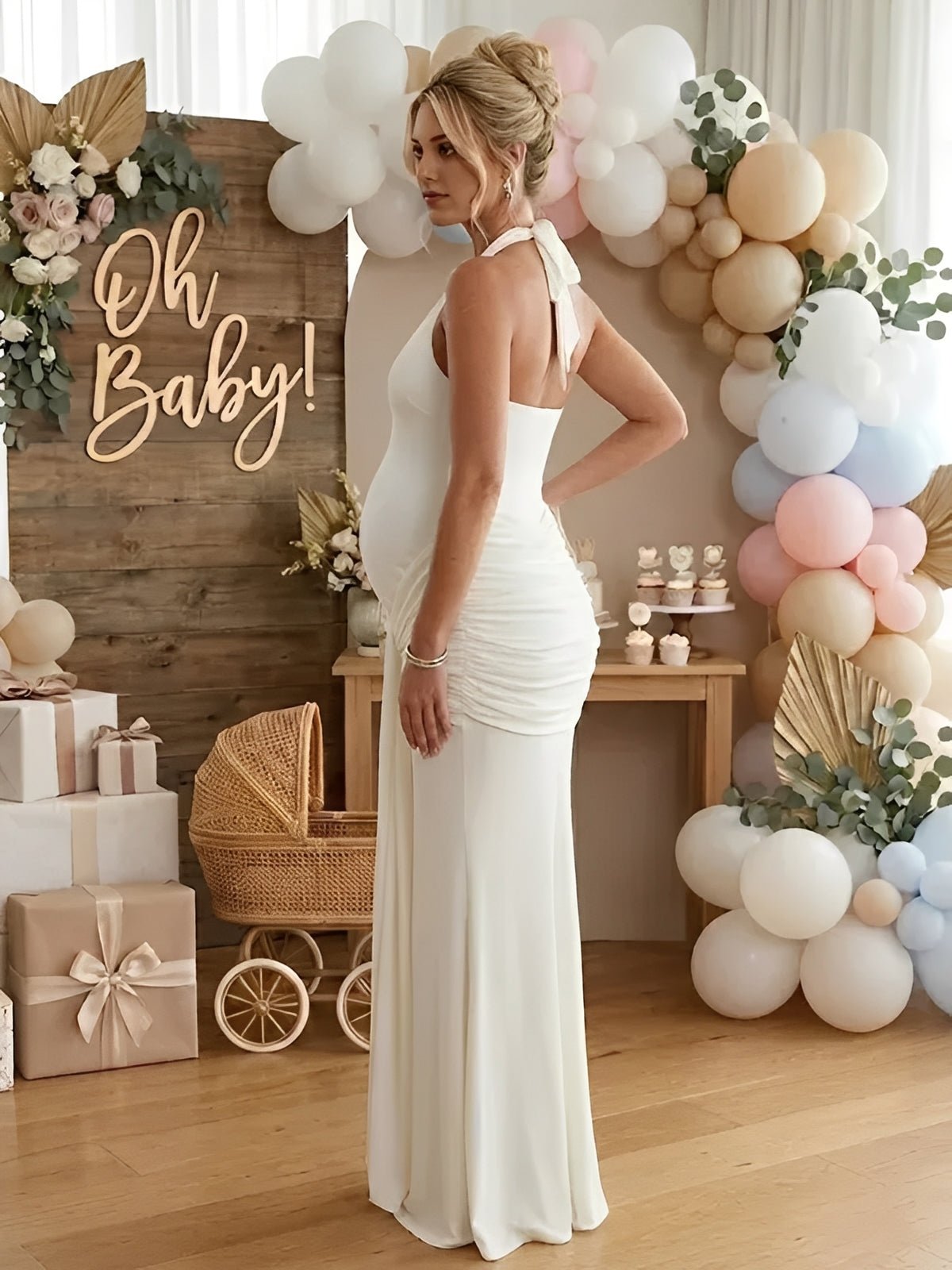 Momyknows Ruched Bowknot Draped Halter Neck Backless Bodycon Maternity Maxi Dress, Blue / S