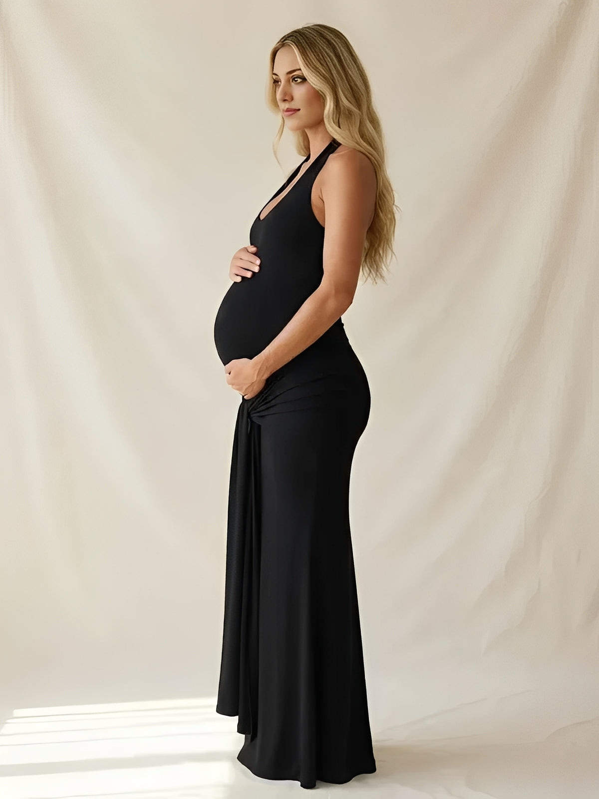 Momyknows Ruched Bowknot Draped Halter Neck Backless Bodycon Maternity Maxi Dress Black / S Momyknows Ruched Bowknot Draped Halter Neck Backless Bodycon Maternity Maxi Dress Black / S