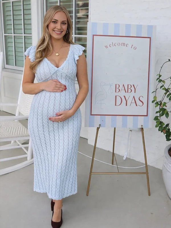 Momyknows Knit Ruffle Falbala Hollow Out Bodycon Maternity Maxi Sweater Dress, Blue / L