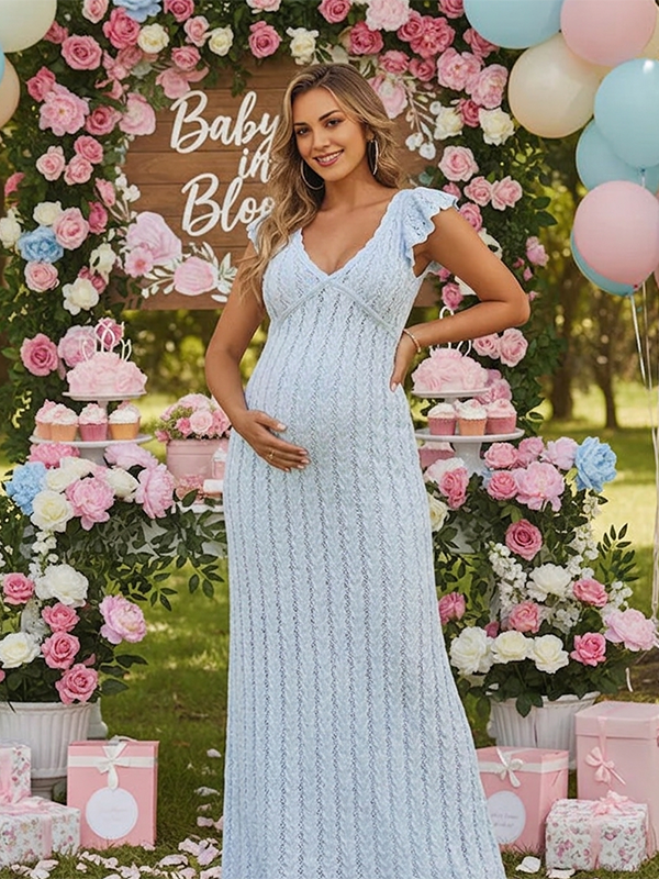 Momyknows Knit Ruffle Falbala Hollow Out Bodycon Maternity Maxi Sweater Dress, Blue / L