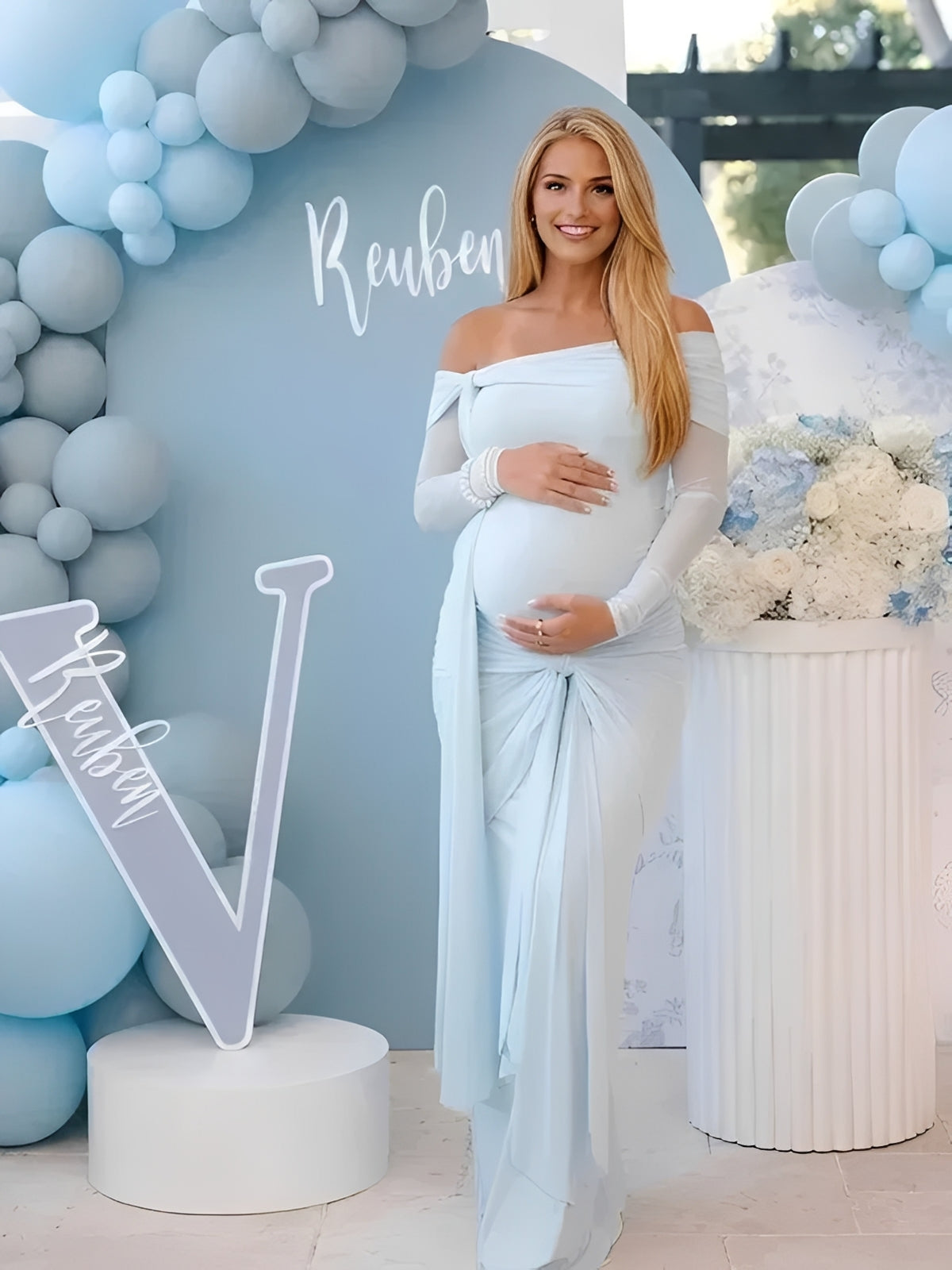 Momyknows Blue Mesh Off Shoulder Ruched Bowknot Draped Maternity Maxi Dress