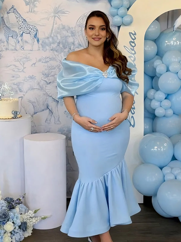 Momyknows Blue Tulle Off Shoulder Rhinestone Hardwear Mermaid Maternity Maxi Dress