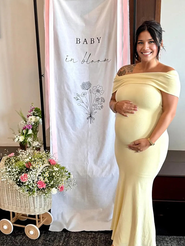 Momyknows Yellow Off Shoulder Ruched Backless Bodycon Maternity Maxi Dress