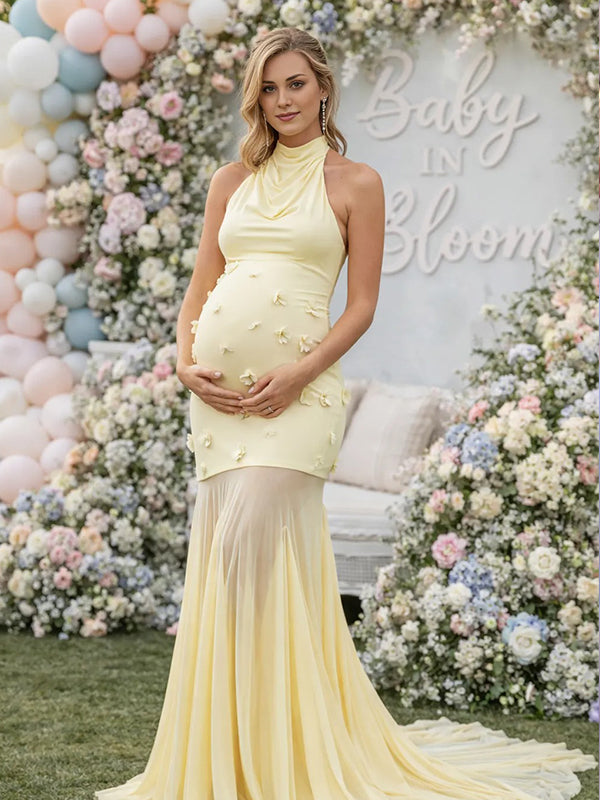 Momyknows Yellow 3D Flowers Backless Mesh Mermaid Maternity Maxi Dress