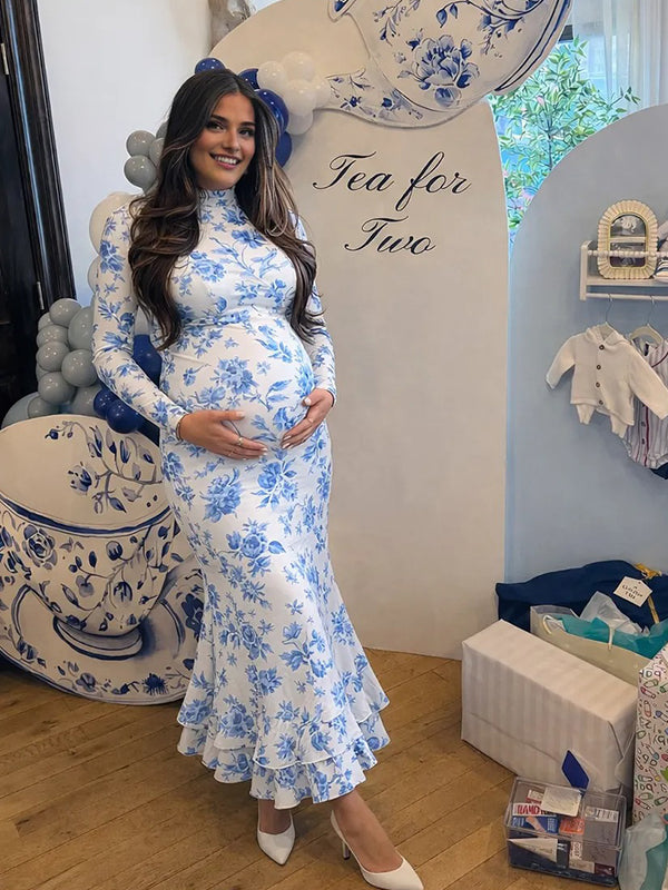 Momyknows Blue Floral Ruffle Falbala Mermaid Maternity Maxi Dress
