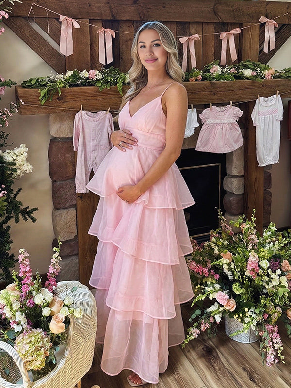 Momyknows Layered Ruffle A-line Backless Cami Princess Maternity Maxi Dress