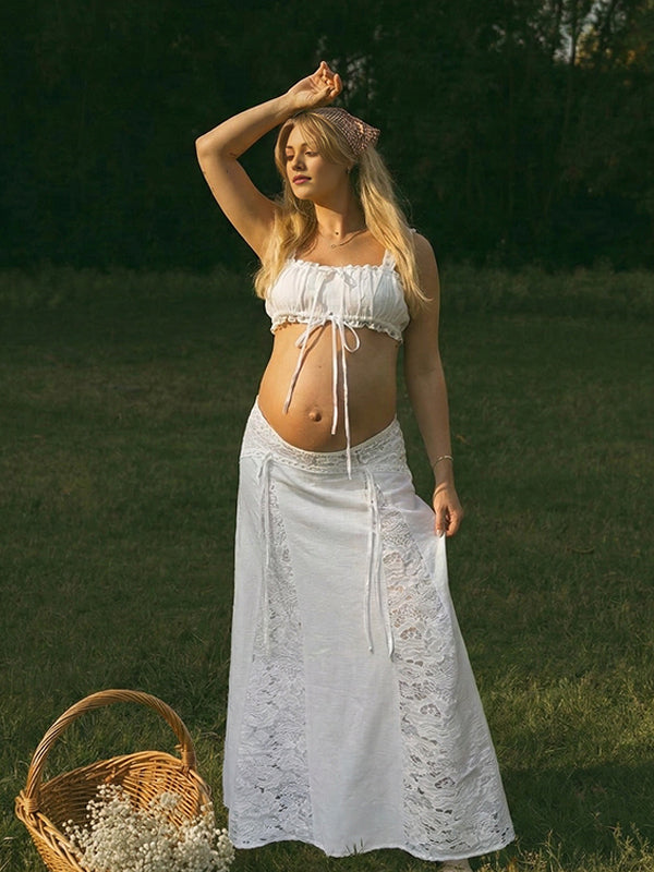 Momyknows White Lace Drawstring Tank Crop Big Swing Two Piece Set Maternity Maxi Dress