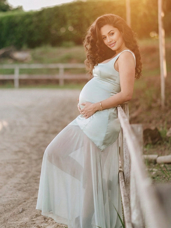 maternity maxi tank dress Momyknows Satin Mesh Patchwork Tank Mermaid Maternity Maxi Dress