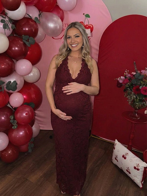 Momyknows Lace Ruffle Hem Back Slit Backless Bodycon Maternity Maxi Dress, Wine Red / S
