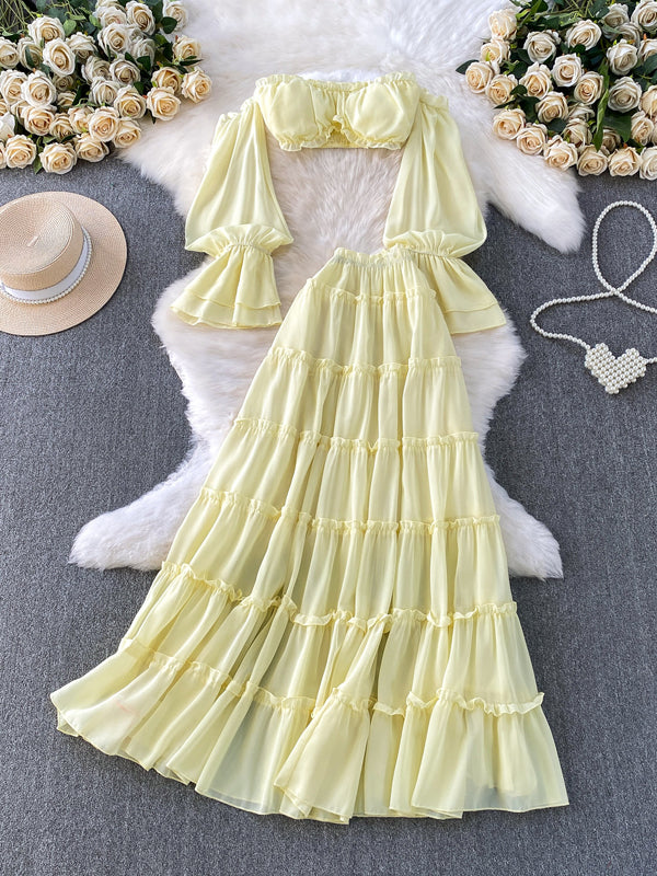 Momyknows Yellow Off Shoulder Ruffle Crop Big Swing Two Piece Set Maternity Maxi Dress Yellow / M Momyknows Yellow Off Shoulder Ruffle Crop Big Swing Two Piece Set Maternity Maxi Dress Yellow / M