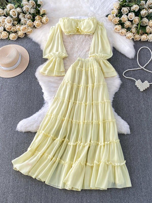 Momyknows Yellow Off Shoulder Ruffle Crop Big Swing Two Piece Set Maternity Maxi Dress