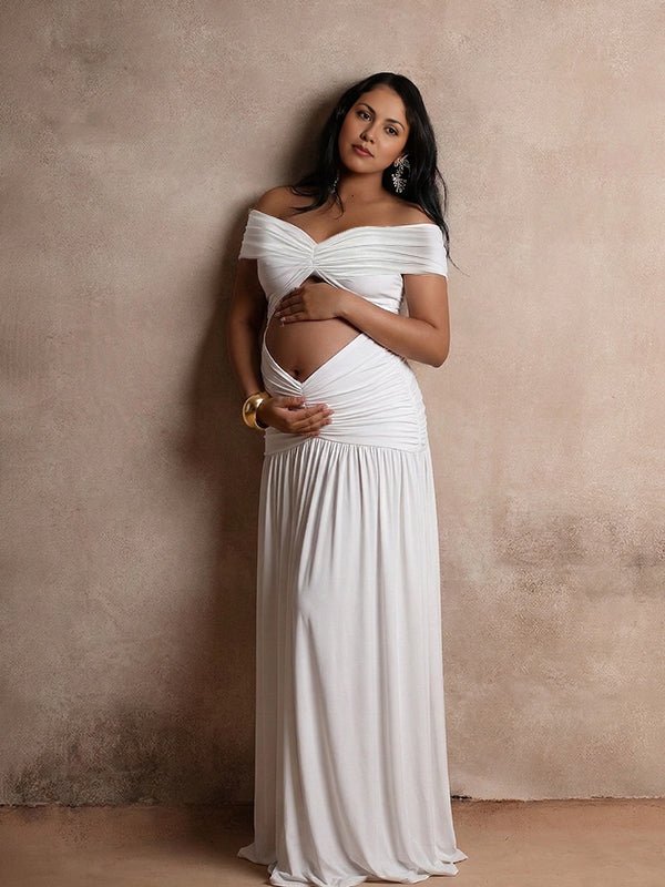 Momyknows Off Shoulder Ruched Cut Out Crop Side Slit Big Swing Maternity Maxi Dress