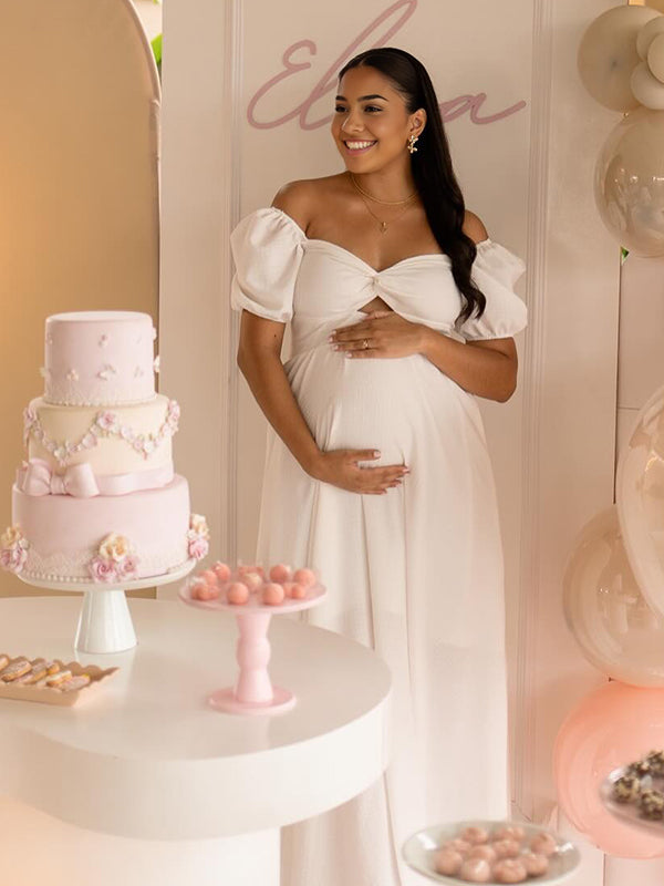 Momyknows White Off Shoulder Cut Out Cross Chest A-line Maternity Maxi Dress