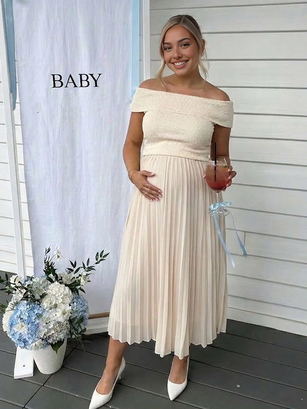 Momyknows Apricot Knit Off Shoulder Pleated Big Swing Maternity Maxi Dress