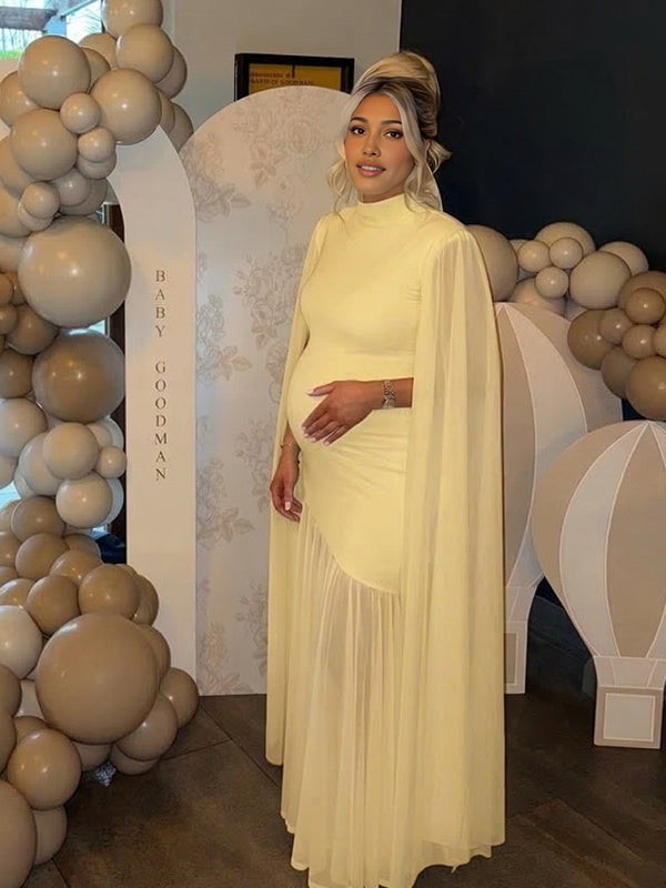 Momyknows Chiffon Cape Sleeve Stand Collar Big Swing Maternity Maxi Dress