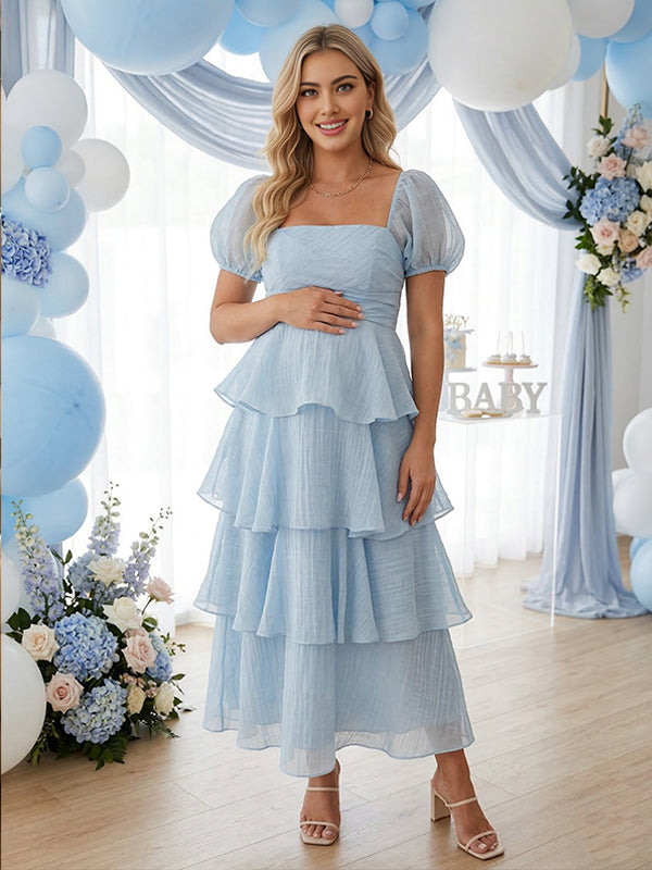 Momyknows Layered Ruffle A-line Square Neck Puff Sleeve Maternity Maxi Dress