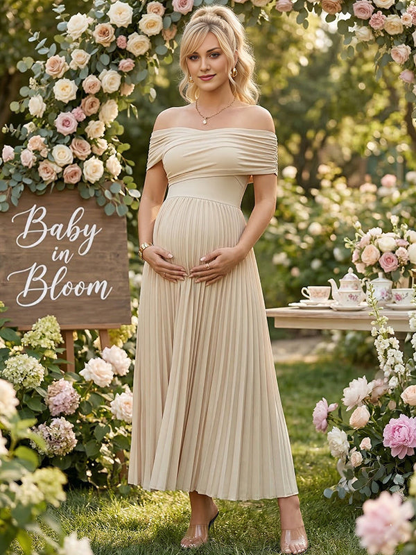 Momyknows Apricot Off Shoulder Cross Chest Pleated Big Swing Maternity Maxi Dress