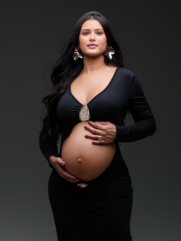 Momyknows Black Metal Hardwear Cut Out Crop Bodycon Maternity Maxi Dress