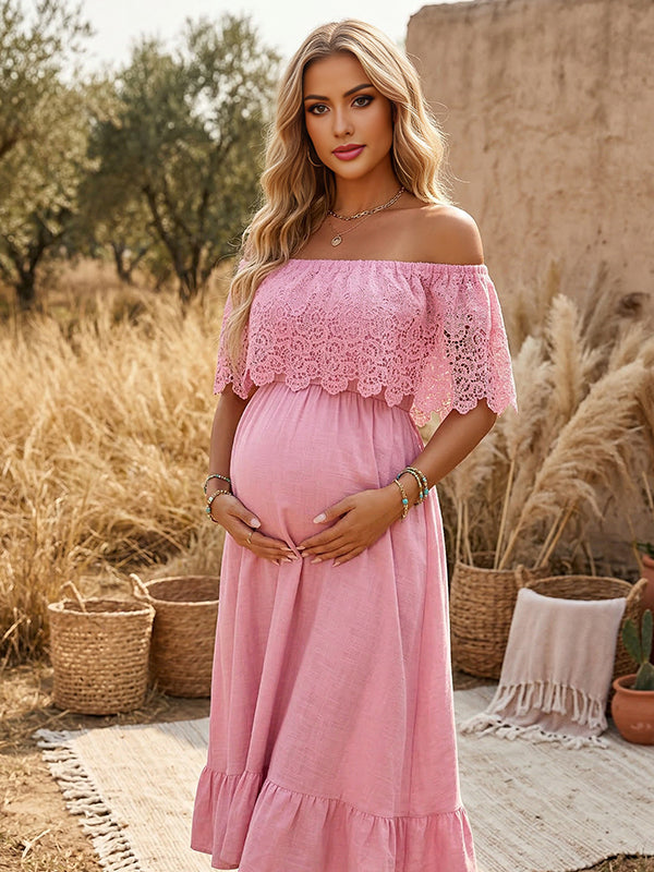 Momyknows Pink Lace Ruffle Off Shoulder A-line Boho Maternity Maxi Dress
