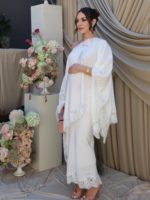 Momyknows White Lace Ruffle One Shoulder Cape Two Piece Set Maternity Maxi Dress