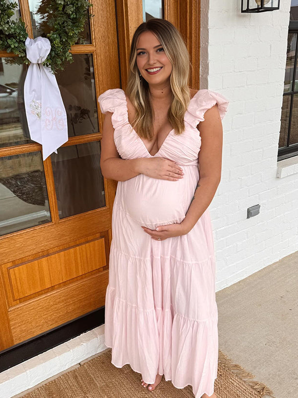 Momyknows Pink Ruffle Ruched Big Swing Maternity Maxi Dress