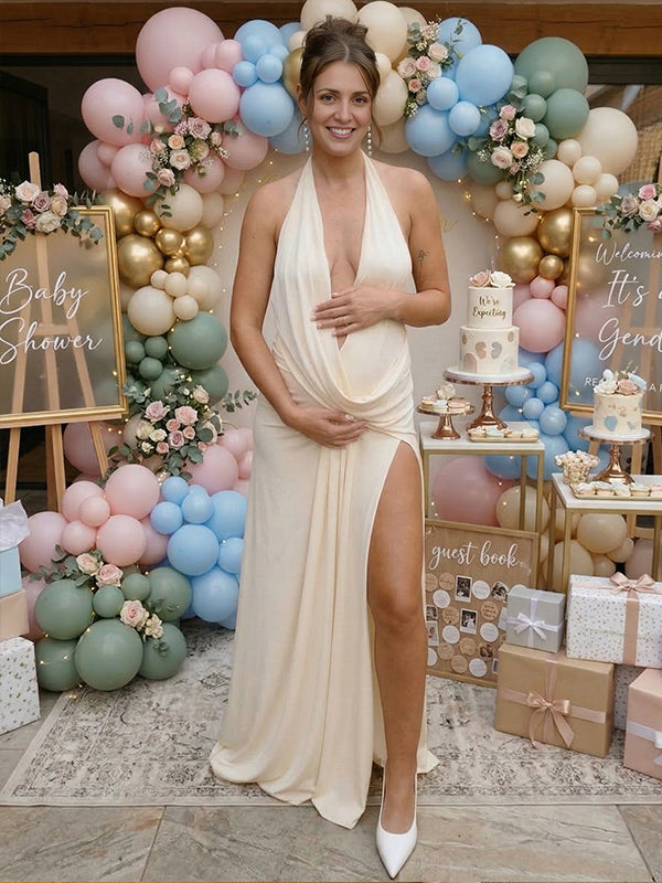 Momyknows Yellow Irregular Ruched Deep V-neck Side Slit Backless Maternity Maxi Dress