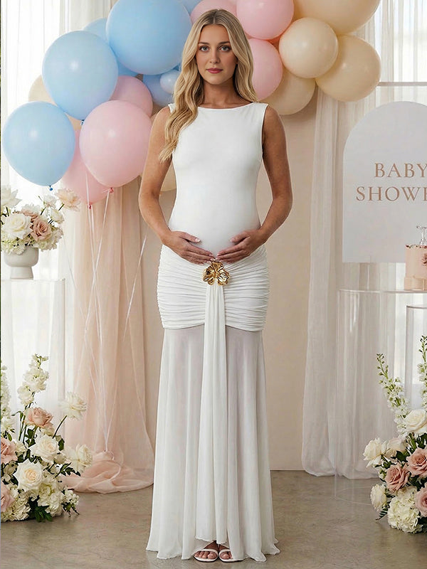 Momyknows Mesh Ruched Metal Hardwear Draped Backless Mermaid Maternity Maxi Dress