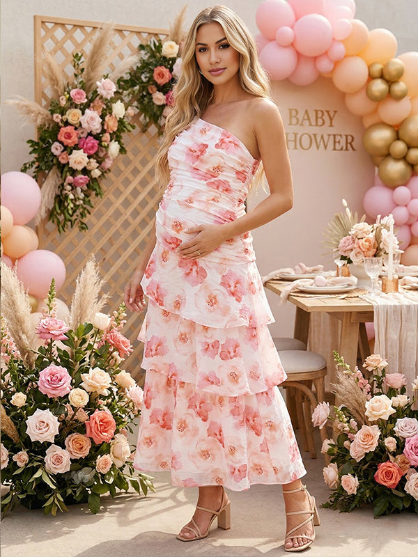 Momyknows Floral Layered Ruffle Ruched One Shoulder Bodycon Maternity Maxi Dress