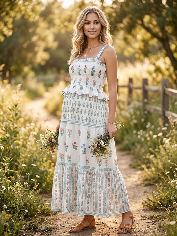 Momyknows Printed Smocked Ruffle A-line Tank Boho Maternity Maxi Dress