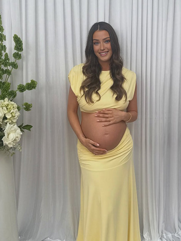 Momyknows Yellow 2-in-1 Cascading Ruffle Midriff Baby Shower Maternity Maxi Dress
