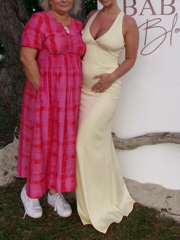 Momyknows Yellow Backless Tie Back Bow Satin Baby Shower Maternity Maxi Dress