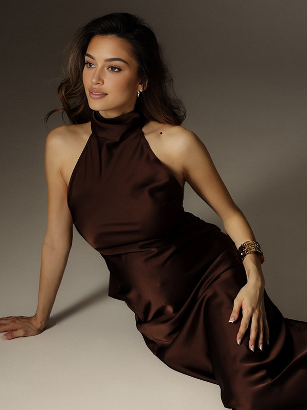 Momyknows Dark Brown Open Back Ribbons Halter Neck Photoshoot Maternity Maxi Dress Momyknows Dark Brown Open Back Ribbons Halter Neck Photoshoot Maternity Maxi Dress