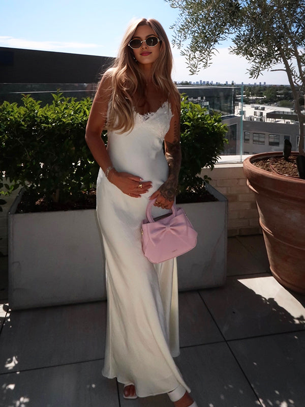 Momyknows White Lace Spaghetti Strap Backless Tie Back Baby Shower Maternity Maxi Dress