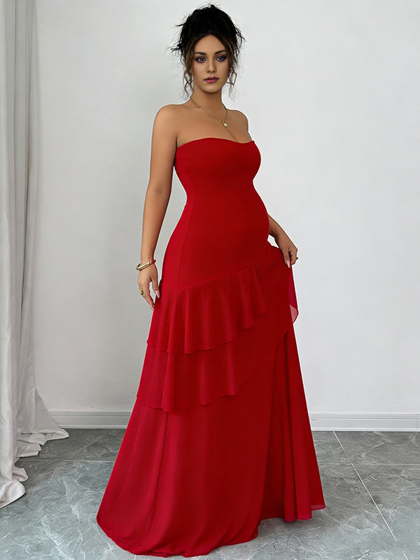 Momyknows Chic Cocktail Red Ruffle Bandeau Skater Maternity Maxi Dress