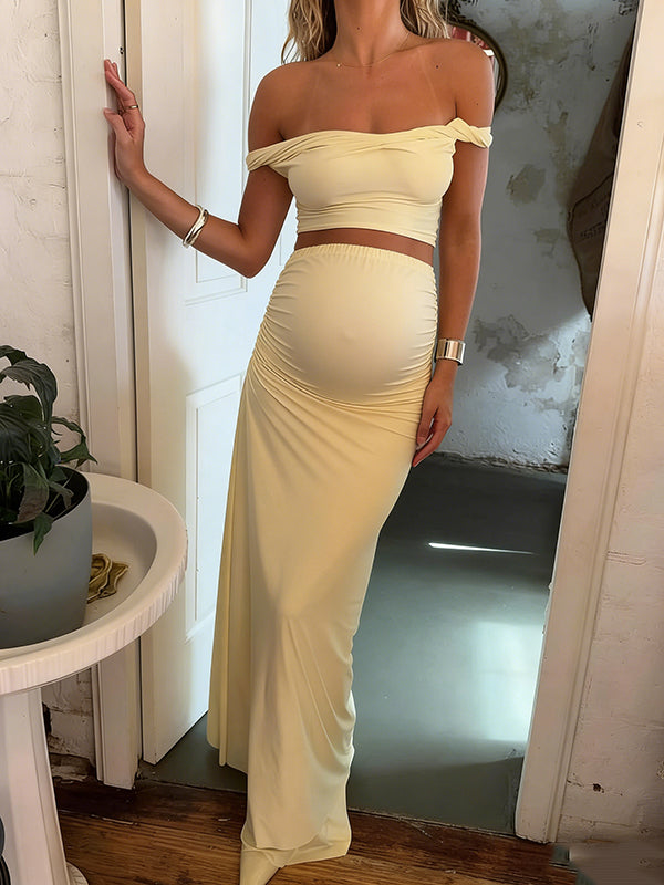 Momyknows Chic Apricot 2-in-1 Off Shoulder Ruched Bodycon Vacation Maternity Maxi Dress